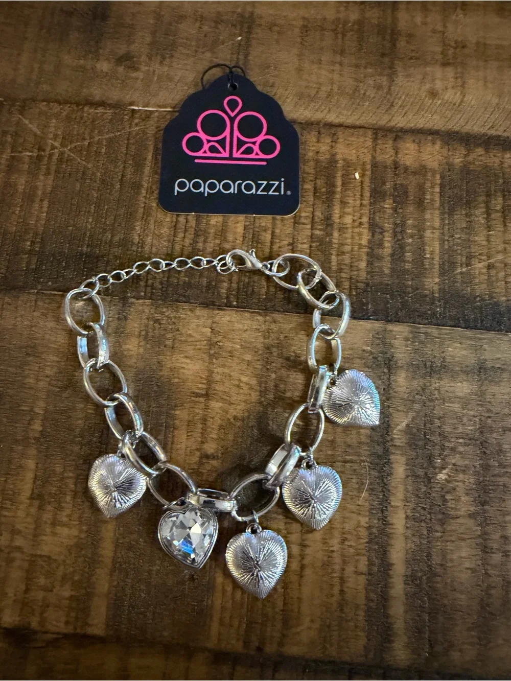 paparazzi Silver Heart Charm Bracelet with Clear Gem